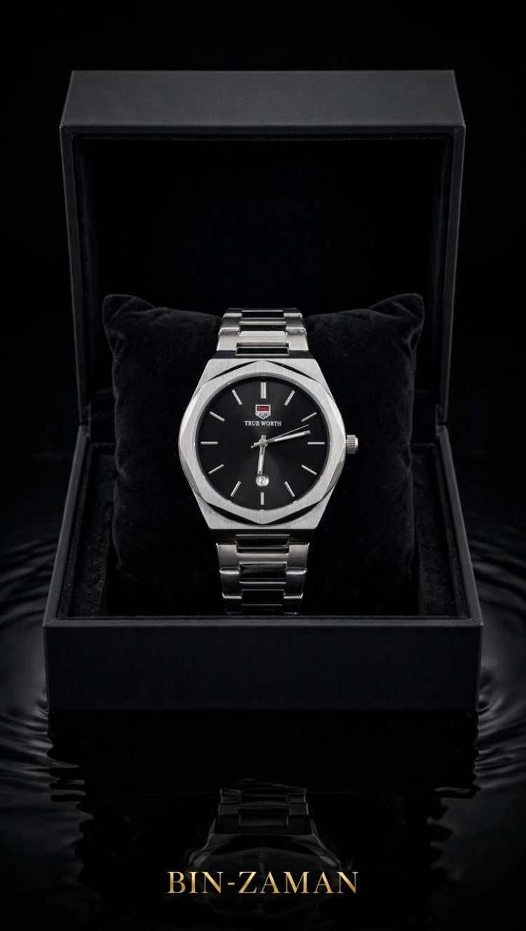 BIN ZAMAN True Worth – Sleek Black Dial Octagonal Luxury Watch for Men