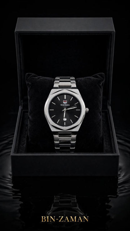 BIN ZAMAN True Worth – Sleek Black Dial Octagonal Luxury Watch for Men